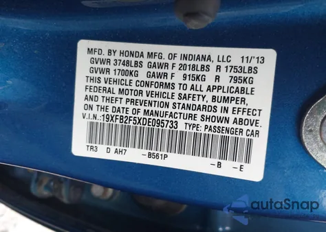 2013 Honda Civic Lx z USA, uszkodzony, nr VIN 19XFB2F5XDE095733